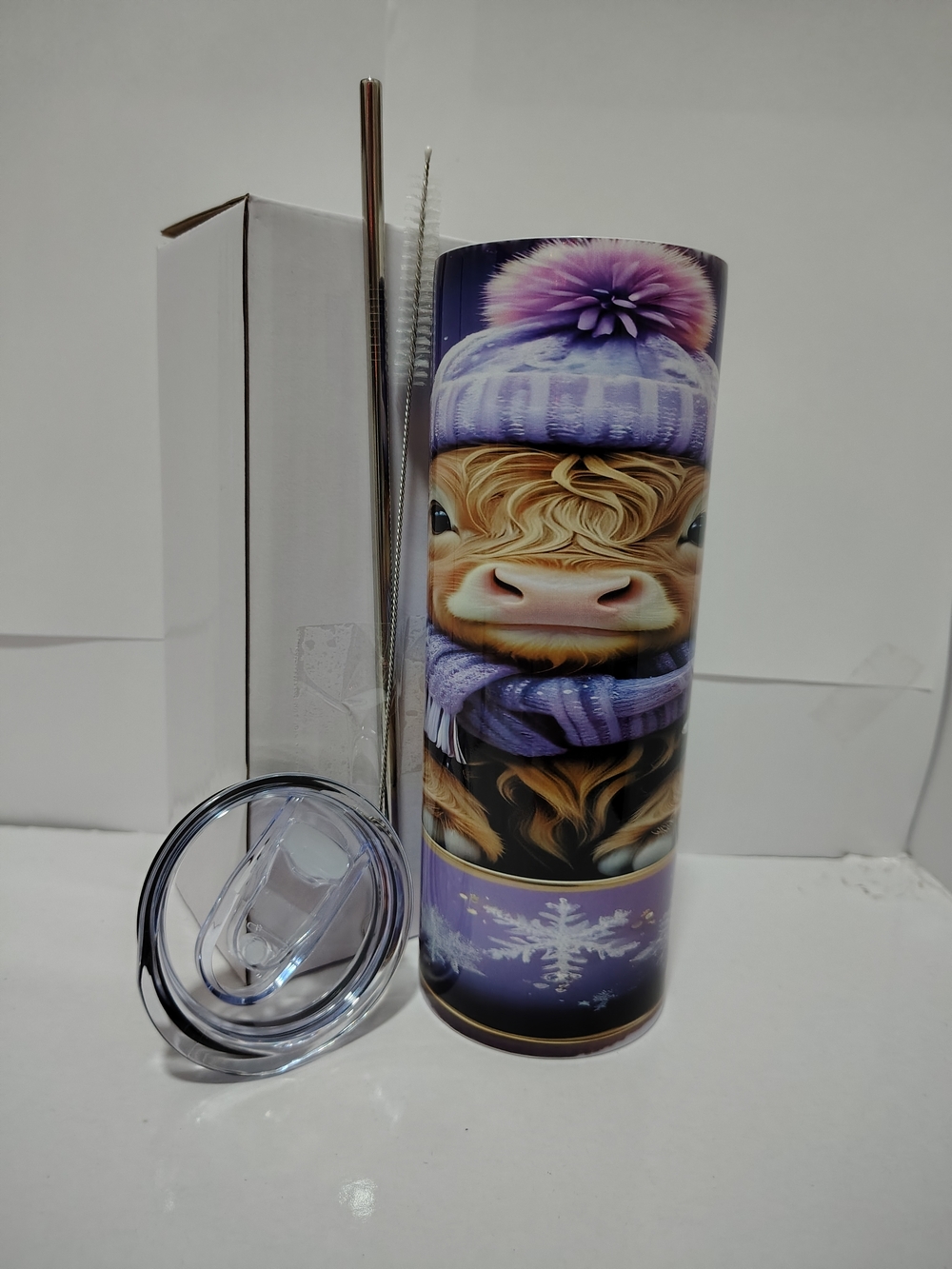 Winter Highland Cow Travel Tumbler - Purple Snowflake Design